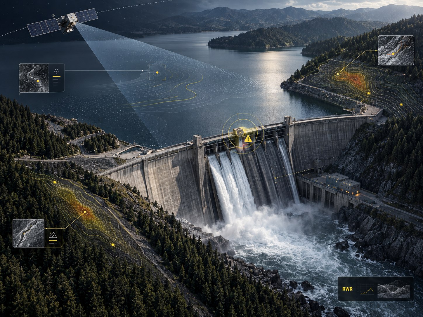 Satellite-monitored dam and spillway with anomaly detection overlay